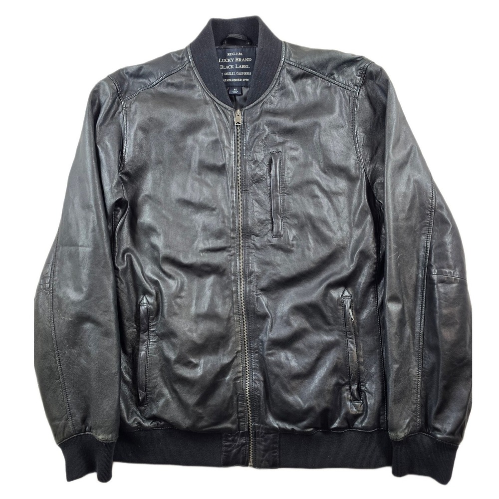 Lucky Brand Leather Bomber Jacket Mens Medium Black Lamb Leather Black Label